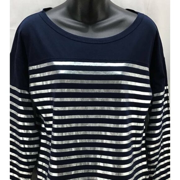 J CREW Top Small 4 6 Black Silver Stripe Pullover Scoop Neck 3/4 Sleeve 1249 - Picture 2 of 7